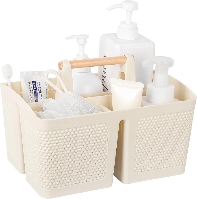 rejomiik Portable Shower Caddy Basket Plastic Cleaning Caddy Organizer Storage Tote with Handle for Bathroom, College, Dorm Room Essentials, Cream by rejomiik
