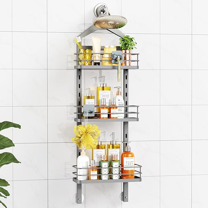 ODesign 3 Tier Height-Adjustable Shower Caddy Hanging Anti-Swing-Over The Shower Head Caddy-Showe r Storage Organizer Bathroom Shelves Basket Caddies-Grey by ODesign