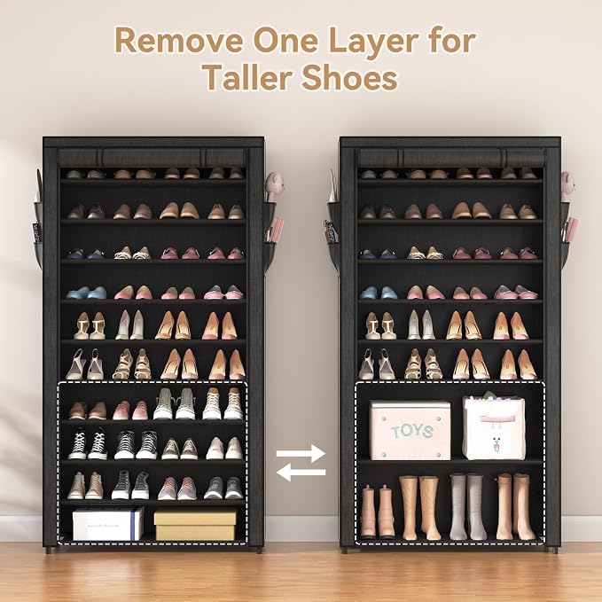 ROJASOP 10 Tier Shoe Rack with Covers,Large Capacity Stackable Tall Shoe Shelf Storage to 50-55 Pairs Shoes and Boots Sturdy Metal Free Standing Shoe Rack Organizer for Closet Entryway Garage - Image 7