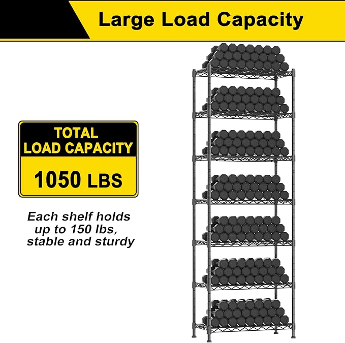 GIOTORENT 7-Wire Garage Shelving Storage Shelves, Kitchen Storage Adjustable Shelf, Metal Shelves 1400Lbs Capacity 24" W x 14" D x 71.6" H for Laundry Bathroom Pantry Closet, Black - Image 5
