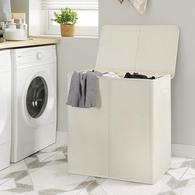 WOWLIVE 140L Double Laundry Hamper with Lid and Removable Laundry Bags, Large Dirty Clothes Hamper 2 section Collapsible Laundry Basket Dorm Room Storage for Bedroom, Bathroom, College,Beige - Image 4