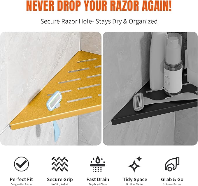 Shower Corner Shelf with Razor Hole,Modern Style Shower Caddy, Sturdy 304 Stainless Steel Shower Organizer,No Drilling Bathroom Corner Shelf for Tile Wall Gold 2 Pack-10 - Image 3