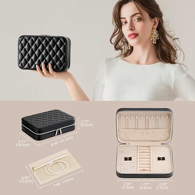 Lolalet Travel Jewelry Case for Women Girls, Travel Jewelry Organizer Box with Mirror & Clear Storage Bag, Small Portable Earring Necklace Bracelet Ring Case, Birthday Valentine Gifts -Medium, Black - Image 6