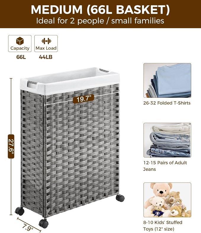 Greenstell Laundry Hamper with Wheels, 17.4 Gallon (66L) Slim Laundry Basket with 2 Removable Liner Bags & 2 Mesh Bags, Narrow Rattan Clothes Hamper for Bedroom, Laundry Room, Bathroom, Grey - Image 4