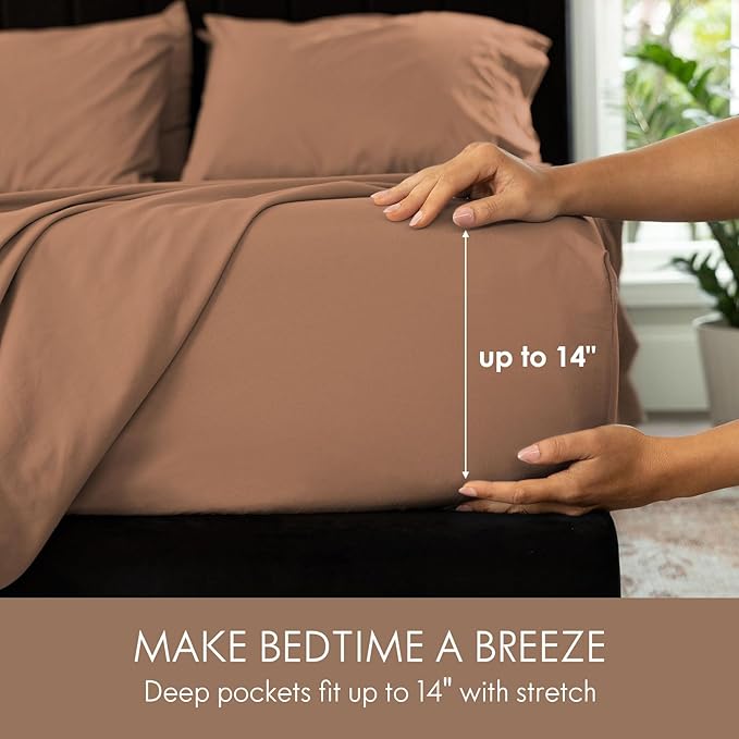 ClevaHome King Size Sheet Set - 6 Piece Soft Breathable Luxury Bed Sheet Set - Shrinkage & Fade Resistant Embroidered Bedding Sheet with 14-inch Deep Pocket, 2 Extra Pillowcases (King, Sandy Brown)