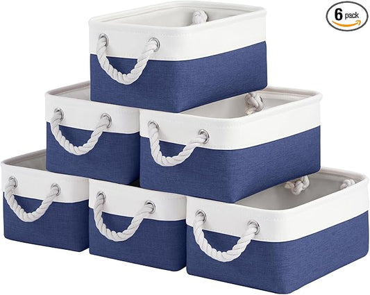 Storage Baskets for Shelves 11.8x7.9x5.2 Inch, Foldable Fabric Storage Bins with Handles, Small Storage Baskets for Organizing Closet, Office, Home Organization (6-Pack, White&Blue) by VQRTEXAStorageBasket