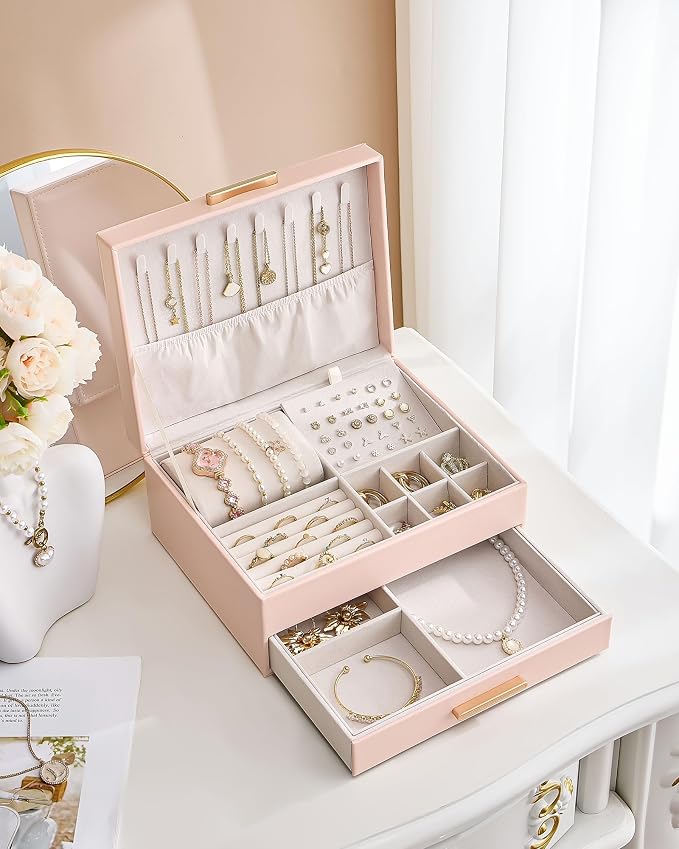 Lolalet 2-Layer Jewelry Box Organizer for Women Girls, Jewelry Storage Case Holder with Drawers for Necklaces Ring Earrings Bracelet Watch, Gifts Choice for Mom Mother’s Day -Pink - Image 8