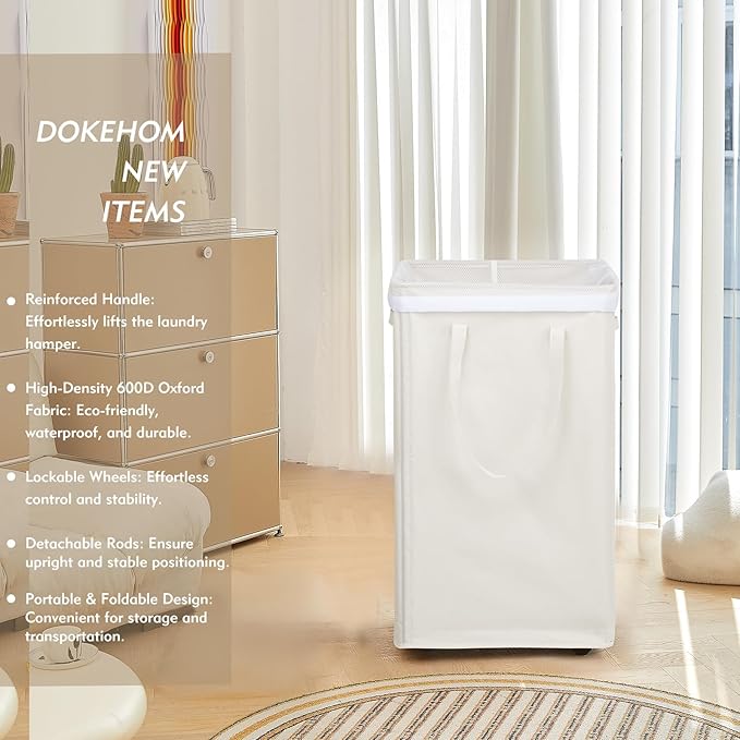 DOKEHOM 90L X-Large Laundry Basket with Removable Wash Bag on Wheels, Collapsible Rolling Laundry Hamper, Foldable Clothes Organizer, Folding Washing Bin (Beige) - Image 2