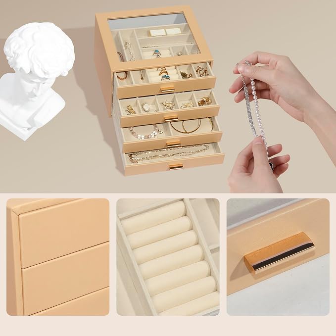 Jewelry Box with Glass Lid, 4-Layer Jewelry Organizer for Women Girls, PU Leather Display Case with 20-Grid Earring Tray & Movable Dividers for Necklaces Rings,Camel - Image 6