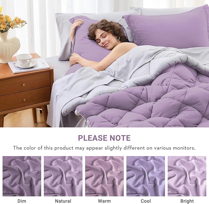 MUXHOMO 7 Pieces California King Comforter Set, Reversible Bed in a Bag Cal King Size, All Season Bedding Set with Comforter, Flat Sheet, Fitted Sheet, Pillowcases & Shams, Greyish Purple & Light Grey