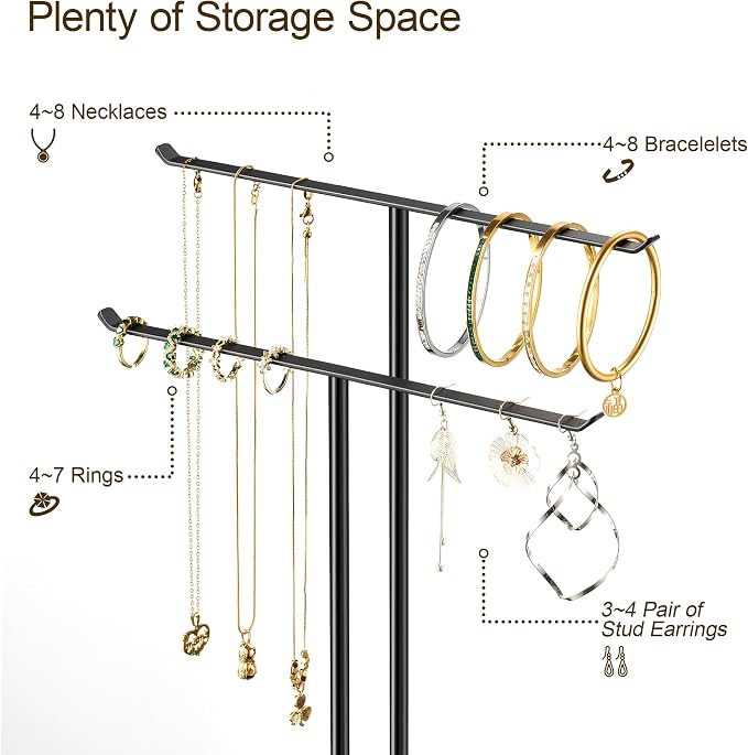 pickpiff Necklace Holder Jewelry Organizer Stand – 2‑Tier T‑Bar Jewelry Display Tree with Tray for Countertop Necklace Bracelet Earring Storage, Vanity Dresser Bathroom Sink, Black - Image 6