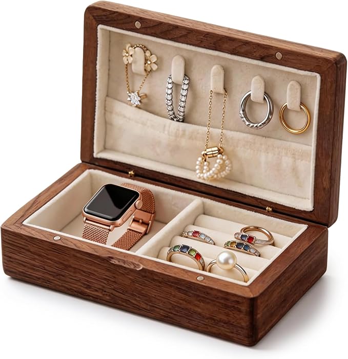 Small Wooden Jewelry Box | Versatile Mens Jewelry Box with Earring & Ring Organizer for Travel & Vanity Display by Unknown