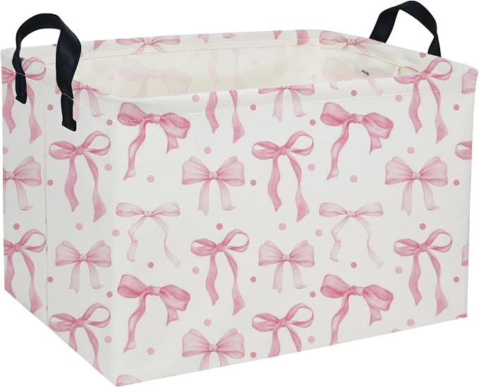 Kids Basket Pink Baskets Girls Basket Rectangular Cute Storage Bin for Room Decor(Pink bownot) by DDBASKET