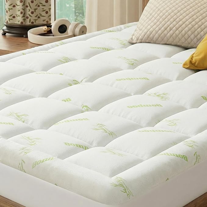 Full Cooling Pillow Top Mattress Topper – Ultra-Soft Bamboo Viscose Cover, Deep Pocket 8-16" Stretch Skirt, Oeko-TEX & CertiPUR-US Certified Plush Pad for Back Pain Relief
