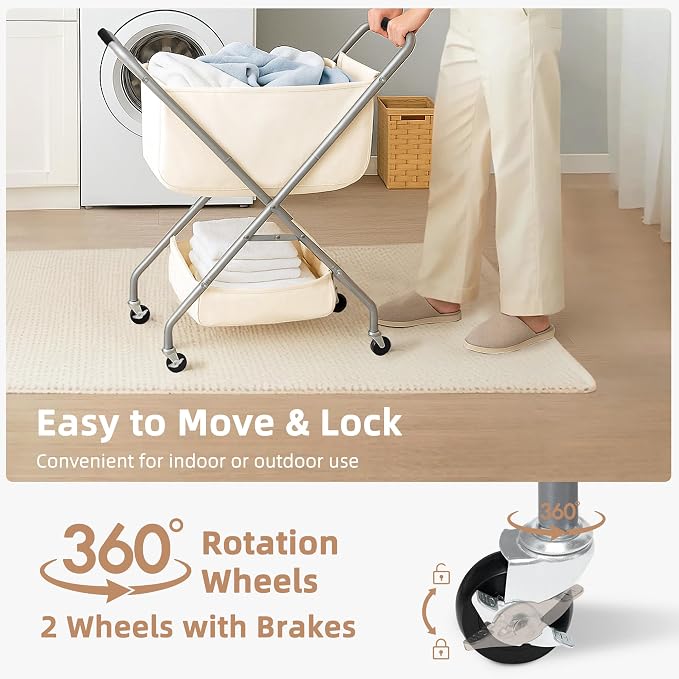 STORAGE MANIAC Collapsible Laundry Cart with Wheels 31.5"H Rolling Laundry Hamper Clothes Basket with Wheels, Canvas Liner Sturdy Steel Frame Folding for Small Narrow Space Easy Storage, Beige - Image 5