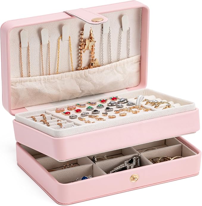 MODENGKONGJIAN Jewelry Organizer Box, 2-Layer Large Jewelry Storage Case, Portable Travel Jewelrys Display Holder for Earrings, Necklaces, Bracelets (Pink, PU Leather) by MODENGKONGJIAN