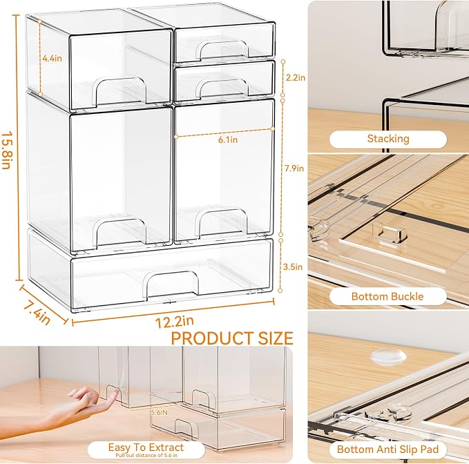 Yieach 6 Set Clear Baby Bottle Organizer for Countertop,BPA FREE Bottle Station Organizer for Breast Pump Parts,Pacifier and Baby Accessories,Stackable Drawers for Bathroom,Cabinet,Pantry Organization - Image 3