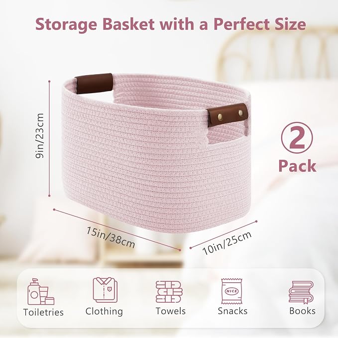 ECDYQXVU Cotton Rope Basket, Storage Baskets with Handle, 15x10x9 Inch Woven Basket for Shelves, Laundry, Towels, Clothes, Books (Light/Pink 2Pack) - Image 2