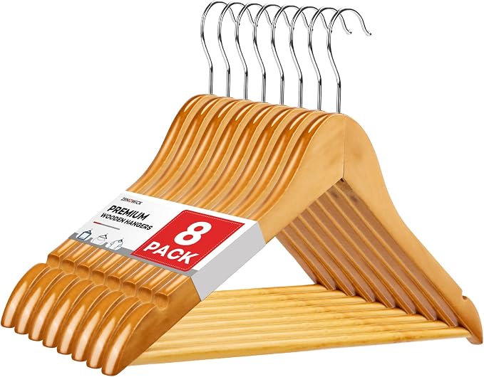 Wooden Hangers 8 Pack, Heavy Duty Wood Hangers for Coats, Suits, Jackets, Closet & Pants Durable Premium Wood Hanger with 360-Degree Rotatable Hook and Notches, Natural by Zenowick