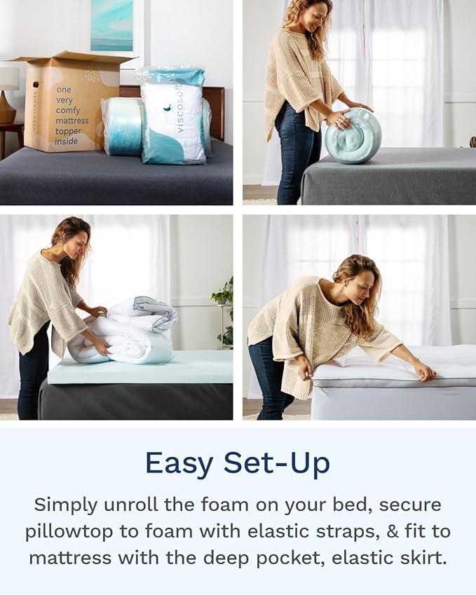 ViscoSoft 4 Inch Pillow Top Memory Foam Mattress Topper Full - Cooling Hybrid Lux Dual Layer Bed Mattress Pad - CertiPur-US Certified