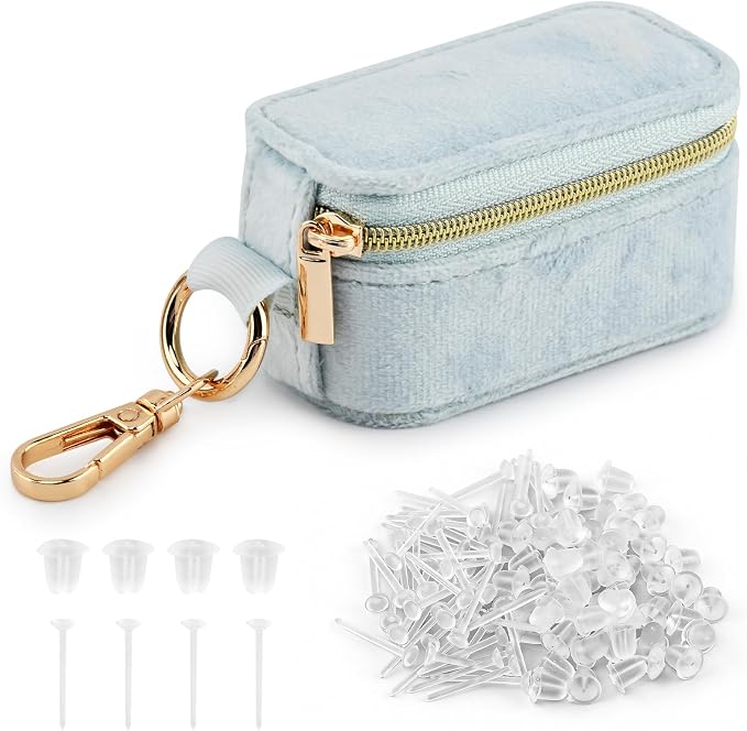 Velvet Mini Travel Jewelry Case, 2 in 1 Ring Holder Keychain + 50 Plastic Earrings, Portable Small Jewelry Organizer for Women, Travel/Gym/Wedding/Bridesmaid Gift - Image 8