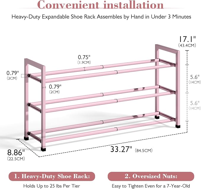 Bumusty 3-Tier Expandable Shoe Rack for Closet, 18“-33” Adjustable Shoe Rack for Small Space, Small Shoe Organizer for Front Door, Sturdy Metal, Pink - Image 2