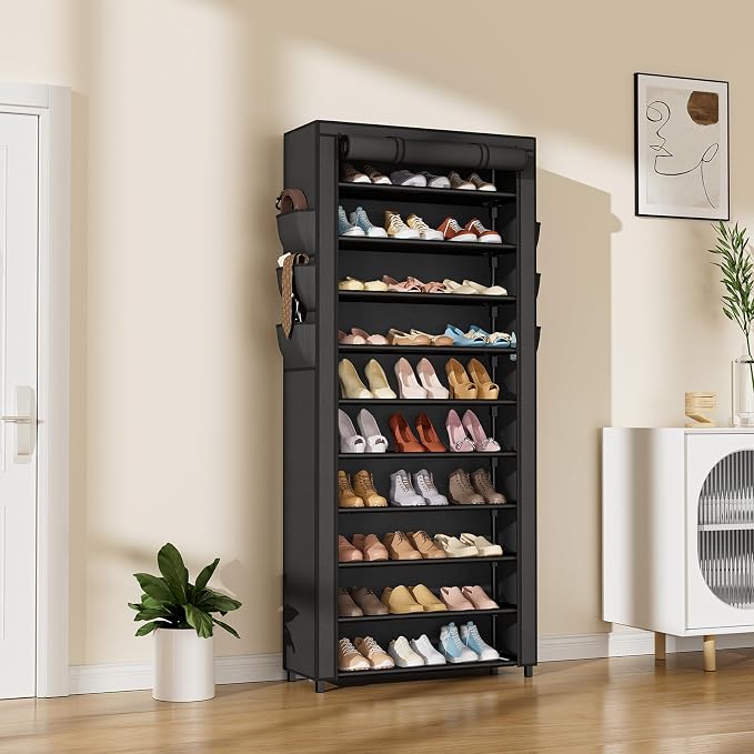 VTRIN Vertical Narrow Shoe Rack Organizer Tall Shoe Rack for Closet Entryway 10 Tier Non-Woven Cover Shoe Shelf Holds 36-41 Pairs Free Standing Shoe Storage Cabinet with Dustproof Cover, Black - Image 2