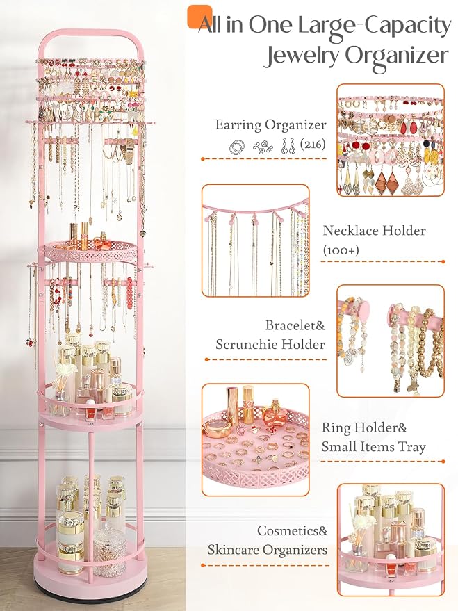 Jewelry Holder Organizer, Floor Jewelry Organizer with Earring Organizer Necklace Holder, Rotating Jewelry Stand Necklace Display Earring Storage, Large Hanging Jewelry Tree for Jewlery Bracelet Ring - Image 2