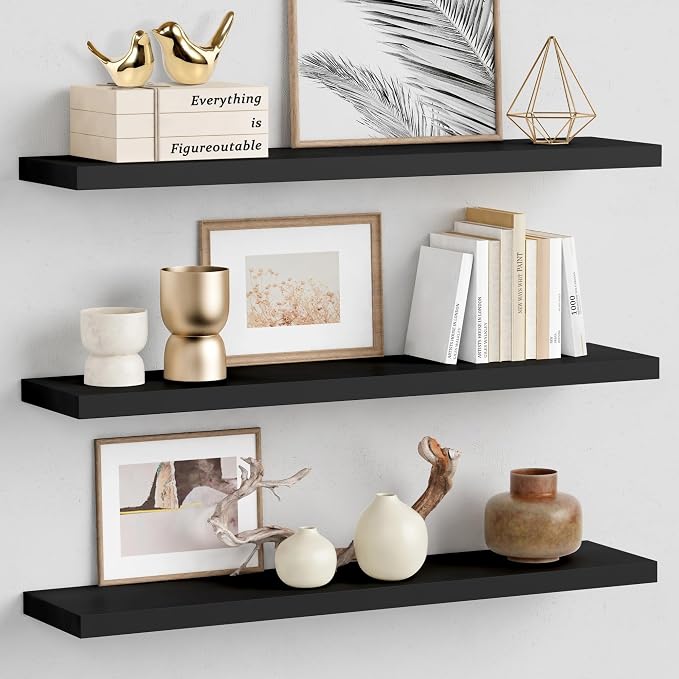 Forbena Large Floating Shelves for Wall 36 Inches Long 8 Inch Deep, Black Wall Shelves for Kitchen Bedroom, Heavy Duty Wooden Floating Shelf for Living Room Office Closet (Black, Set of 3) by Forbena