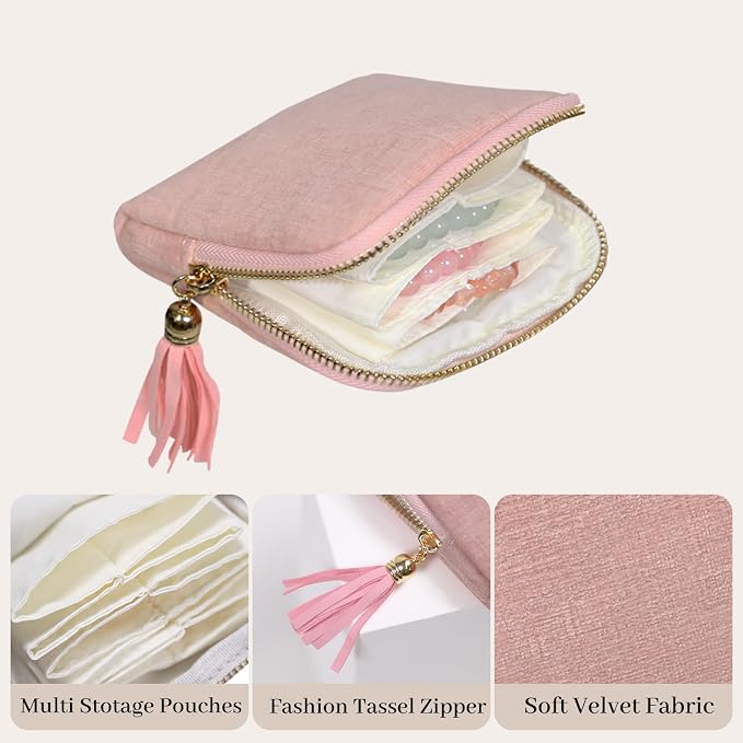 Stratalife Travel Jewelry Organizer - Portable Travel Jewelry Case for Bracelets, Bangles Crystal Storage, Necklace Ring Holder with Zipper Small Pouches Gift for Women, Light Pink Tassel - Image 3