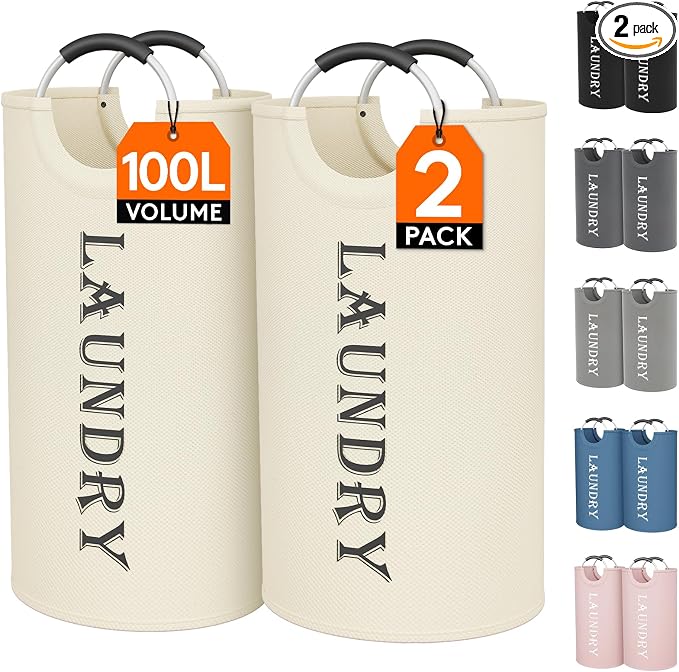 Lifewit 100L 2-Pack Large Laundry Basket, Collapsible Laundry Hamper with Aluminum Handles, Waterproof Freestanding Dirty Clothes Hampers for Laundry Room Bedroom Dorm Bathroom, White by Lifewit