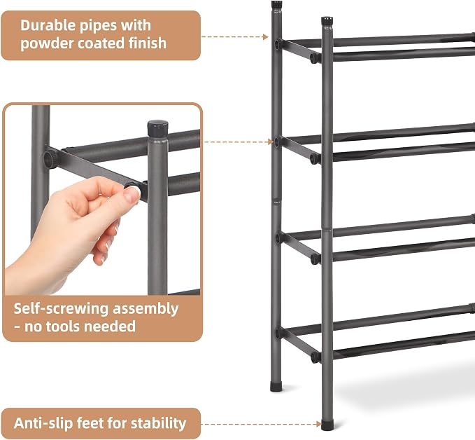 STORAGE MANIAC Expandable Shoe Rack, 16 Pairs Stackable Small Shoe Rack, Metal Adjustable Shoes Organizer for Closet, Entryway, Hallway, Garage, Front Door, Shoes Shelves, Black 4 Tier - Image 6