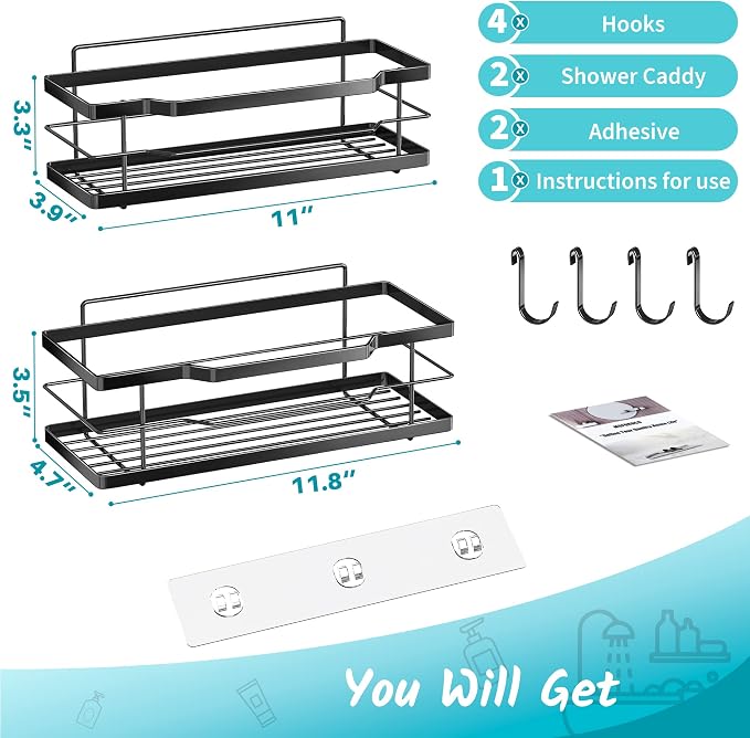 Moforoco Shower Caddy Shelf Organizer Rack, Self Adhesive Black Bathroom Shelves Basket, Home Farmhouse Wall Inside Organization and Storage Decor Rv Accessories, First Camper Apartment Essentials - Image 6