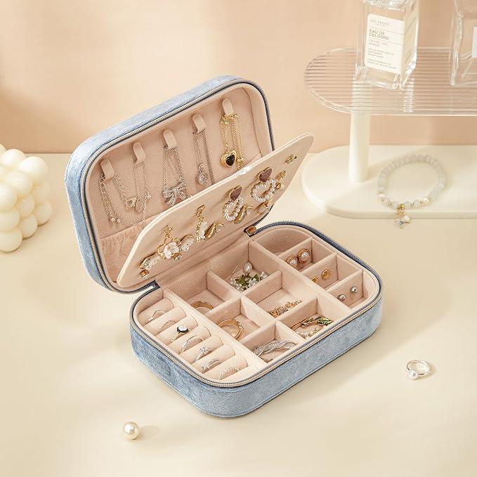 CASEGRACE Plush Velvet Travel Jewelry Box, Portable Jewelry Case for Women Girls, Double Layer Jewelry Organizer Display Box for Necklace Earring Rings Bracelet, Travel Accessory Gifts, blue - Image 2