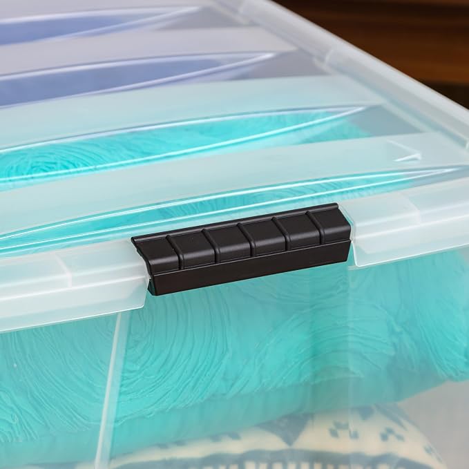 IRIS USA 94 Qt Stackable Plastic Storage Bins with Lids, 4 Pack - BPA-Free, Made in USA - See-Through Organizing Solution, Latches, Durable Nestable Containers, Secure Pull Handle - Clear - Image 7