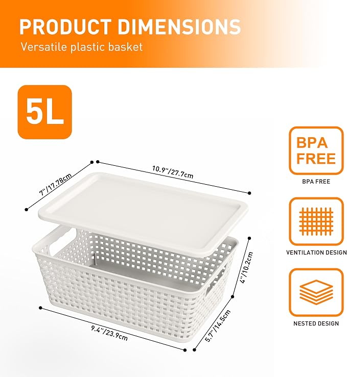 Plastic Storage Baskets With Lid, Storage Bins for Organizing, Stackable Decorative Containers for Shelves Drawers Desktop Closet Playroom Classroom Office, 10 Pack-White - Image 2