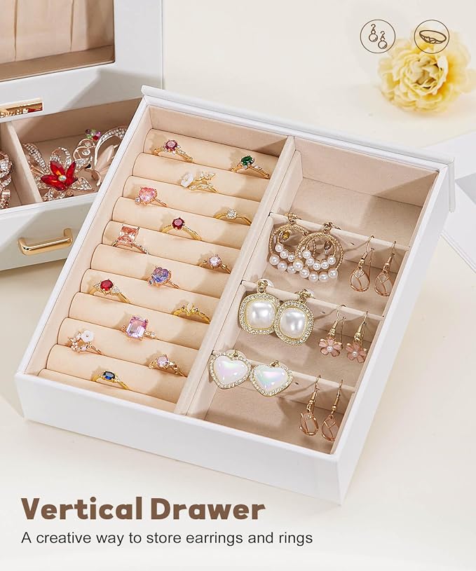 Mothers Day Gifts Homde Jewelry Organizer Girls Women Jewelry Box for Necklaces Rings Earrings Gift Bracelets Storage Case (White + Gold) - Image 8