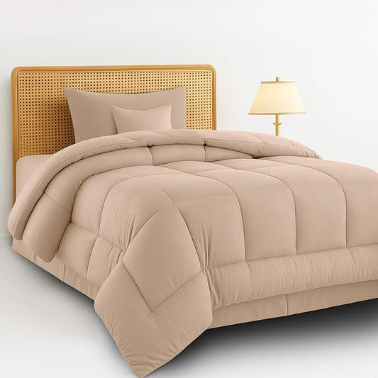 LUX Décor 4pc Twin Comforter Set, All-in-One Bed in a Bag, Includes 1 Comforter, 1 Pillow Shams, 1 Decorative Pillow & 1 Bed Skirt (Beige, Twin)