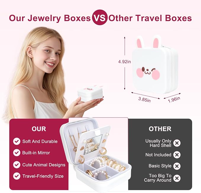 Cute Bunny Travel Jewelry Case with Mirror, Silicone Portable Small Mini Jewelry Organizer Box for Women Girls Mom, Wedding, Birthday Gift - White - Image 4