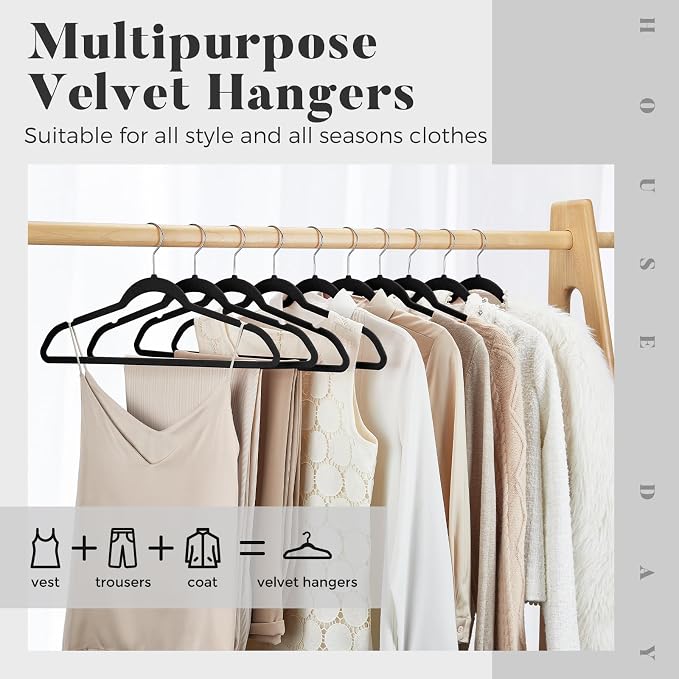 HOUSE DAY Premium Velvet Hangers 30 Pack Black, Non-Slip Flocked Felt Hangers, Sturdy Clothes Hanger with 360° Rotatable Hook, Heavy Duty Durable Slim Coat Hanger for Closet Space Saving - Image 2
