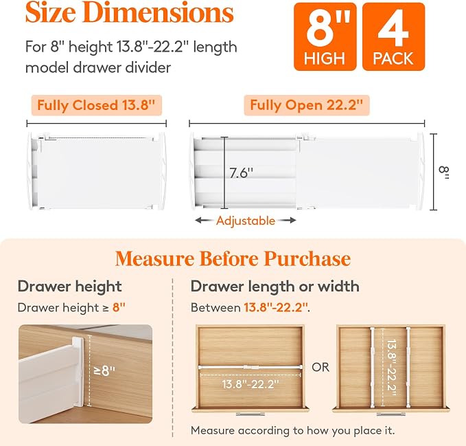 Lifewit 8" Tall 4 Pack Drawer Dividers, 35-56.5cm/13.8-22.2" Expandable Drawer Divider for Clothes, Adjustable Dresser Drawer Organizers, Drawers Separators for Dresser/Bathroom/Closet/Kitchen White - Image 3