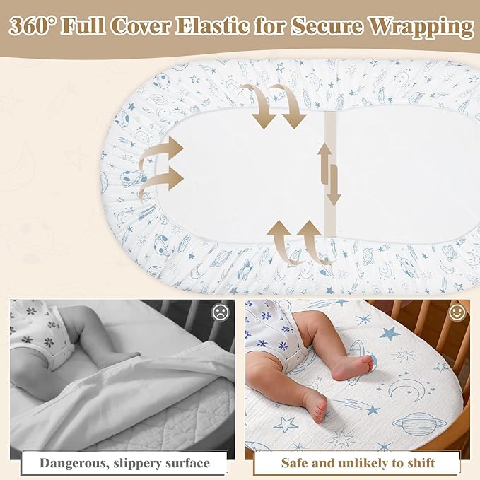 Basumee Muslin Bassinet Sheets for Baby Girl Boy 2 Pack Soft Breathable Baby Bedside Bassinet Fitted Sheets with Bottom Elastic Band Mattress Cover for Rectangle Oval Hourglass Bassinets