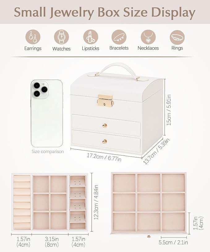 Homde Mothers Day Gifts Small Girls Jewelry Box with Lock: 3 Layer Organizer with Removable Tray - Storage for Ring Necklace Earring - Birthday & Return Gifts for Young Women (Cloud White) - Image 7
