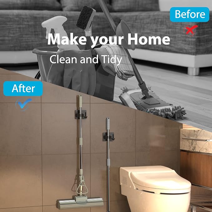 homeasy Mop Broom Holder No Drill, Mop Broom Organizer Wall Mounted Heavy Duty with Hooks Hanger, Self Adhesive Stainless Steel 4Pcs for Bathroom, Kitchen, Office (Black) - Image 7