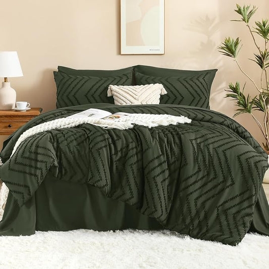 Litanika Oversized King Size Comforter Set with Sheets Olive Green - 7 Pieces Bed in a Bag Oversized King Boho Tufted Complete Bedding Sets with Comforter, Sheets, Pillowcases & Shams