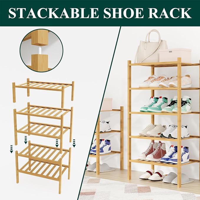 Smiry Shoe Rack, 6 Tier Small Bamboo Shoe Organizer, Stackable Free Standing Wooden Shoe Storage Shelf for Closet, Entryway, Front Door Entrance, Natural - Image 4