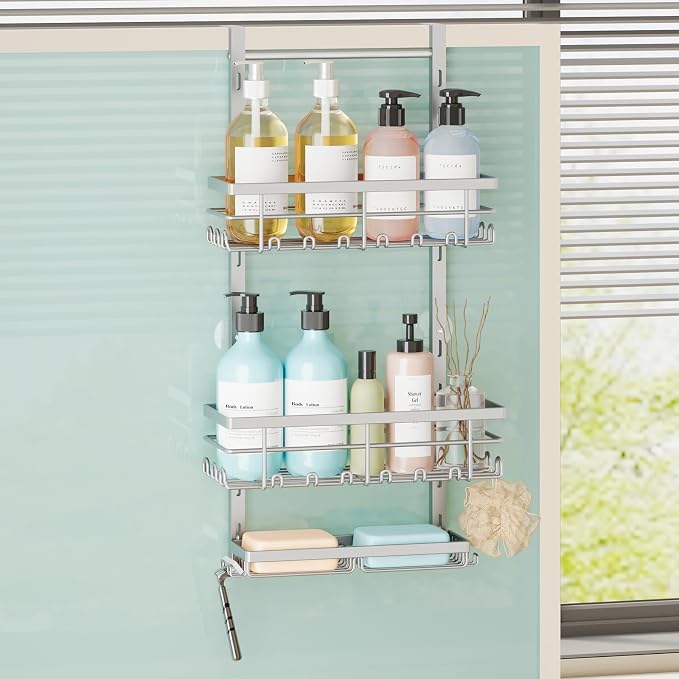 SWTYMIKI Over The Door Shower Caddy - 3 Tier Rustproof Hanging Shower Organizer with Adjustable Shelves, 28 Hooks & Soap Holder, Hanging Shower Rack Storage for Bathroom Accessories, Silver by SwtyMiki-TidyHomeSweetLife