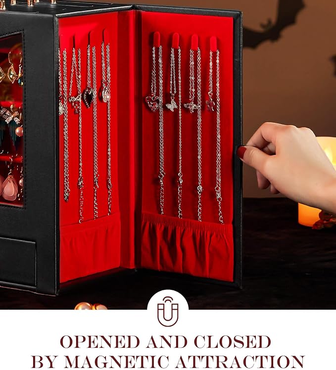 Homde Jewelry Organizer with Transparent Window Necklace Hooks Gift for Women Jewelry Box Display Case for Necklaces Rings Earrings Bracelets and Other Jewelry Accessories (Black + Red +Gold) - Image 4