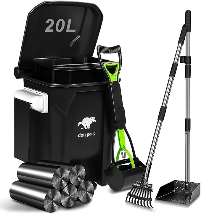 Dog Poop Trash Can Outside with Pooper Scooper and Metal Rake & Tray, 20L/5Gal Dog Waste Trash Can with Lid, Pedal and Removable Inner Waste Bin, Pet Poop Bin with 100 Bags by UPPCASIR