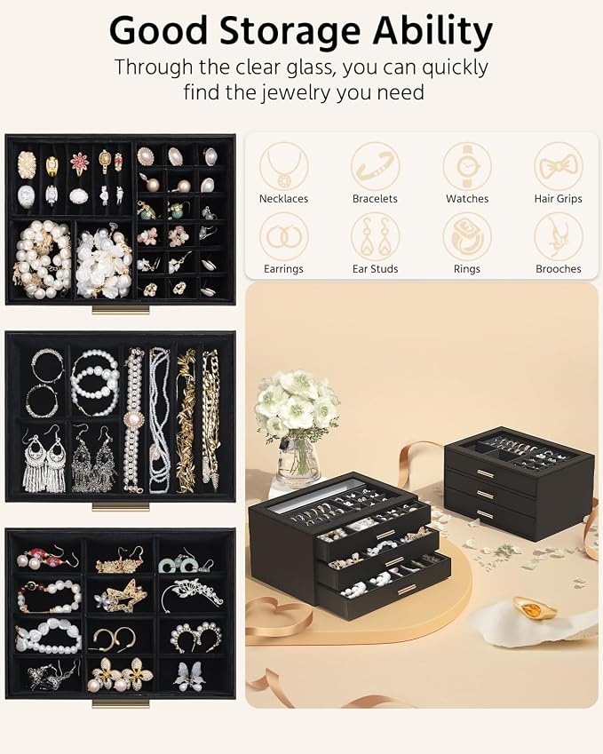 AKOZLIN Jewelry Box with Clear Lid Functional Leather Jewelry Storage Organizer Case 3 Drawers for Women Girls Necklace Ring Bracelet Earring - Image 4